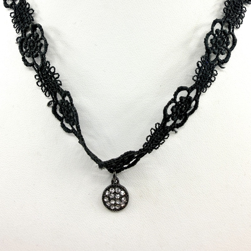 Vintage Black Lace Choker Necklace with Rhinestone Pendant - Gothic Boho